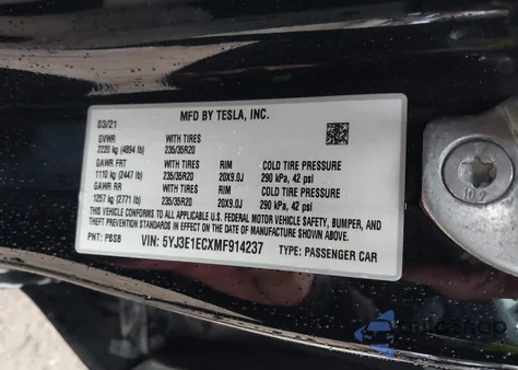 2021 Tesla Model 3 Performance Dual Motor All-Wheel Drive z USA, uszkodzony, nr VIN 5YJ3E1ECXMF914237